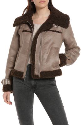 Sam Edelman Women's Fleece Trim Faux Leather Bomber Jacket in Light Brow