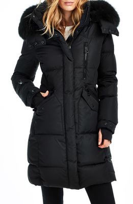 SAM. Longline Quilted Down Jacket with Removable Faux Fur Trim Hood in Black