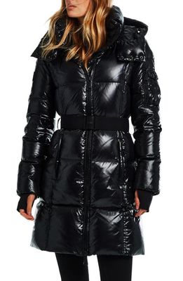 SAM. Noho Glossy Belted Down Puffer Coat with Removable Hood in Jet