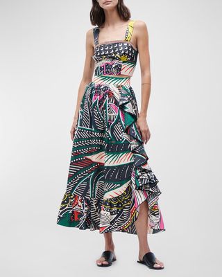 Samira Abstract-Print Ruffle Slit Hem Maxi Skirt
