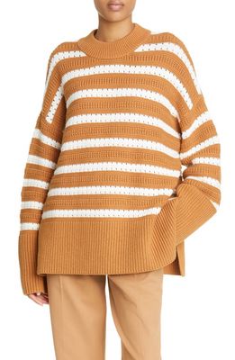 Samsøe Samsøe Women's Raili Stripe Open Stitch Organic Cotton & Wool Crewneck Sweater in Brown Sugar