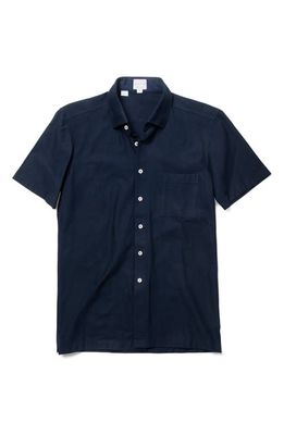 Samuelsohn Short Sleeve Cotton Knit Button-Up Shirt in Navy