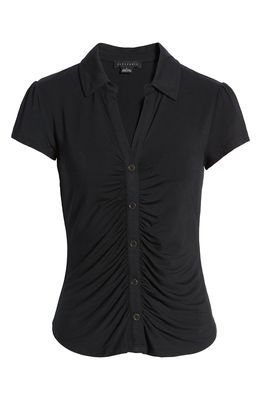 Sanctuary Dream Shirred Placket Knit Button-Up Shirt in Black