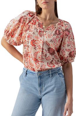 Sanctuary Floral Puff Sleeve Cotton Button-Up Top in Pacific Li