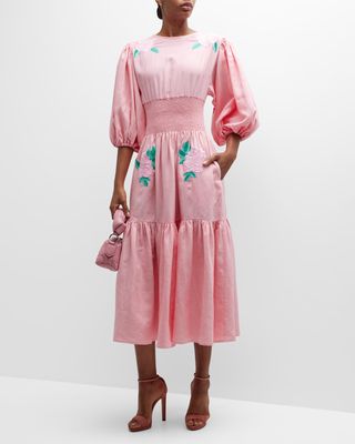 Sandras Embroidered Linen Puff-Sleeve Midi Dress