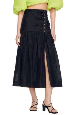 sandro Agate High Waist A-Line Linen Blend Skirt in Black