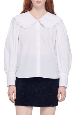 sandro Alda Ruffle Collar Button-Up Shirt in White