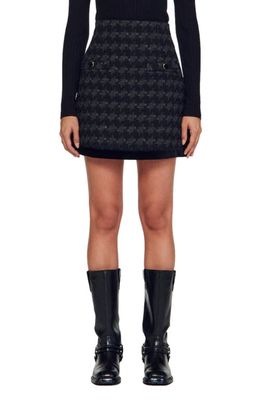 sandro Alina Houndstooth Tweed & Velvet Miniskirt in Black