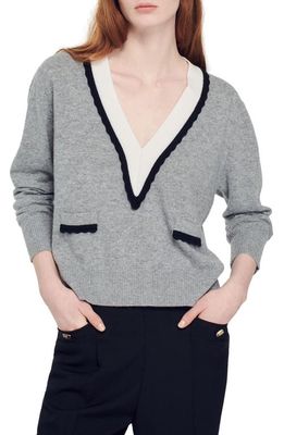 sandro Alisson Scallop Trim Sweater in Mocked Grey