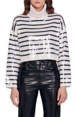 sandro Ariel Stripe Sequin Long Sleeve Crop Wool Blend Turtleneck Sweater in Ecru
