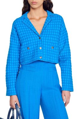sandro Astier Tweed Crop Blazer in Electric Blue