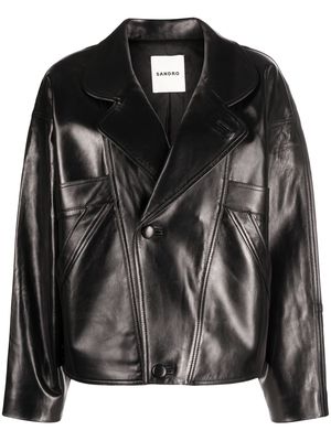 SANDRO asymmetric-fastening leather jacket - Black