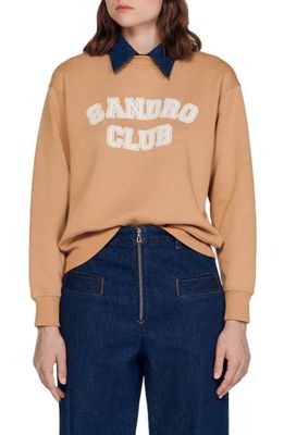 sandro August Collared Graphic Sweatshirt in Camel
