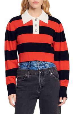sandro Austin Stripe Wool Blend Polo Sweater in Red