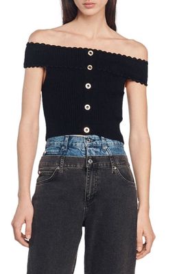 sandro Bergame Off the Shoulder Ribbed Sweater in Black