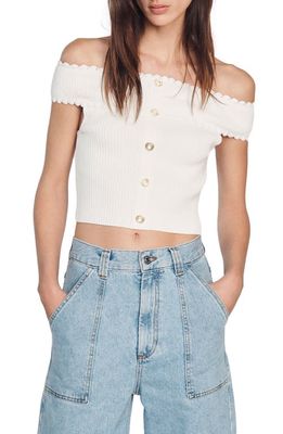 sandro Bergame Off the Shoulder Ribbed Sweater in White