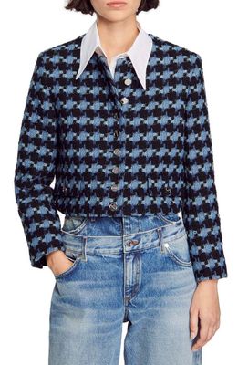 sandro Boulogne Houndstooth Tweed Crop Jacket in Blue /Black