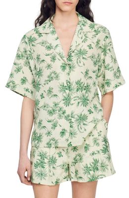 sandro Bourget Short Sleeve Linen Blend Camp Shirt in Ecru - Green