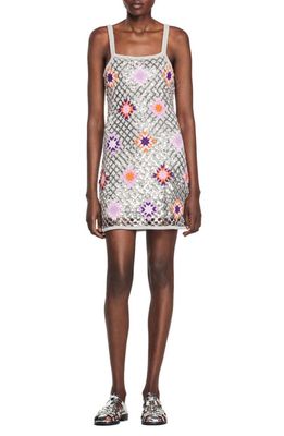 sandro Brunie Lou Floral Sequin & Crochet Minidress in Silver