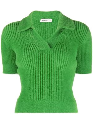 SANDRO brushed ribbed-knit polo top - Green