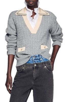 sandro Cabled Wool Blend Sweater in Light Grey