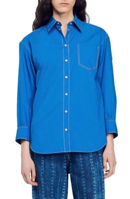 sandro Candide Organic Cotton Snap-Up Shirt in Electric Blue