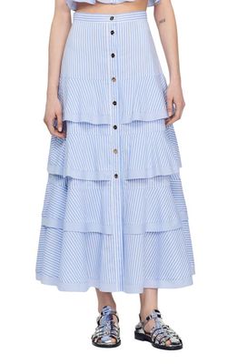 sandro Cavalie Tiered Maxi Skirt in Sky Blue /White