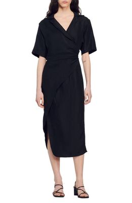 sandro Clarance Faux Wrap Midi Shirtdress in Black
