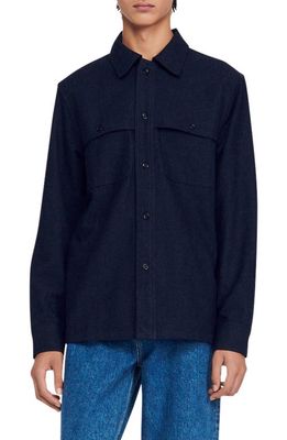 sandro Clyde Wool Blend Button-Up Shirt in Mocked Navy