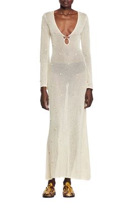 sandro Coquillage Sequin Crochet Long Sleeve Dress in Off White