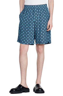 sandro Cross Geo Print Pull-On Shorts in Blue