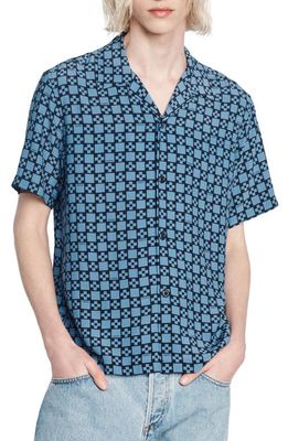sandro Cross Geo Print Short Sleeve Button-Up Camp Shirt in Navy /Blue
