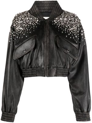 SANDRO crystal-embellished leather jacket - Grey