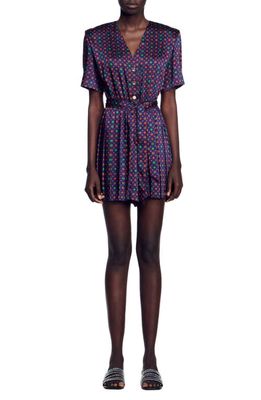 sandro Curry Short Sleeve Pleated Dress in Blue /Red