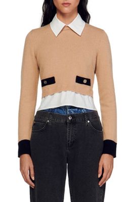 sandro Dale Mixed Media Wool & Cashmere Crop Sweater in Camel