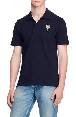 sandro Dandelion Embroidered Cotton Polo in Navy Blue