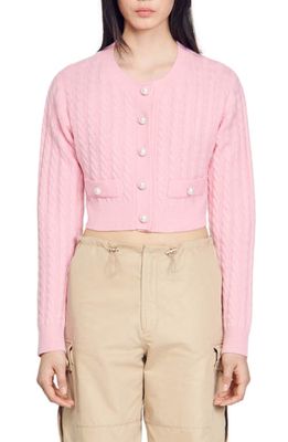 sandro Elina Cable Stitch Wool Blend Crop Cardigan in Pink
