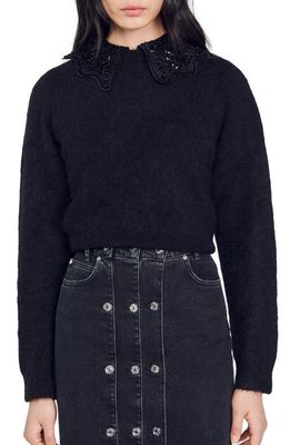 sandro Ellena Crop Alpaca Blend Sweater with Removable Collar in Black