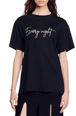 sandro Every Night Cutout Cotton Embroidered T-Shirt in Black