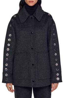 sandro Eyal Grommet Accent Wool Blend Coat in Dark Grey