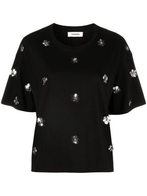 SANDRO floral-embellished cotton T-shirt - Black