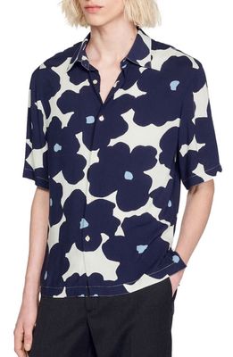 sandro Floral Short Sleeve Button-Up Shirt in Navy Blue