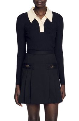 sandro Gabb Rib Long Sleeve Sweater Dress in Black