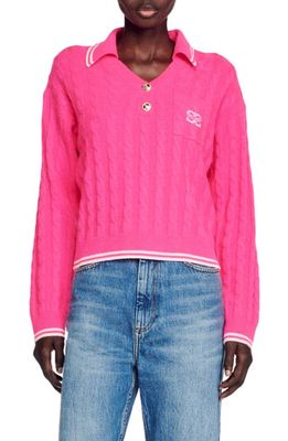 sandro Gaultier Cable Stitch Wool & Cashmere Polo Sweater in Fushia