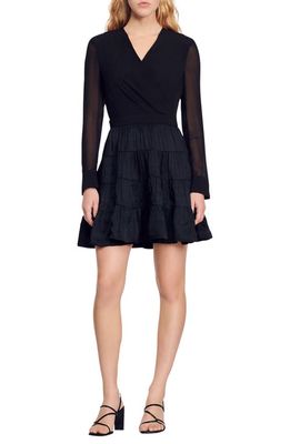sandro Ginette Tiered Skirt Long Sleeve Minidress in Black