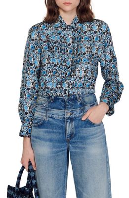 sandro Gourmande Floral Silk Shirt in Blu /Beige
