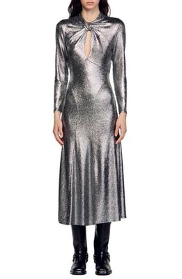 sandro Hanna Metallic Long Sleeve Midi Dress in Silver