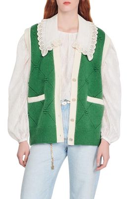 sandro Hibiscus Scalloped Collar Wool Sweater Vest in Green