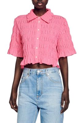 sandro Janelle Smocked Button-Up Crop Top in Candy Pink