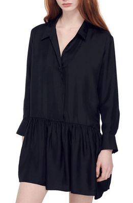 sandro Josepha Long Sleeve Silk Minidress in Black
